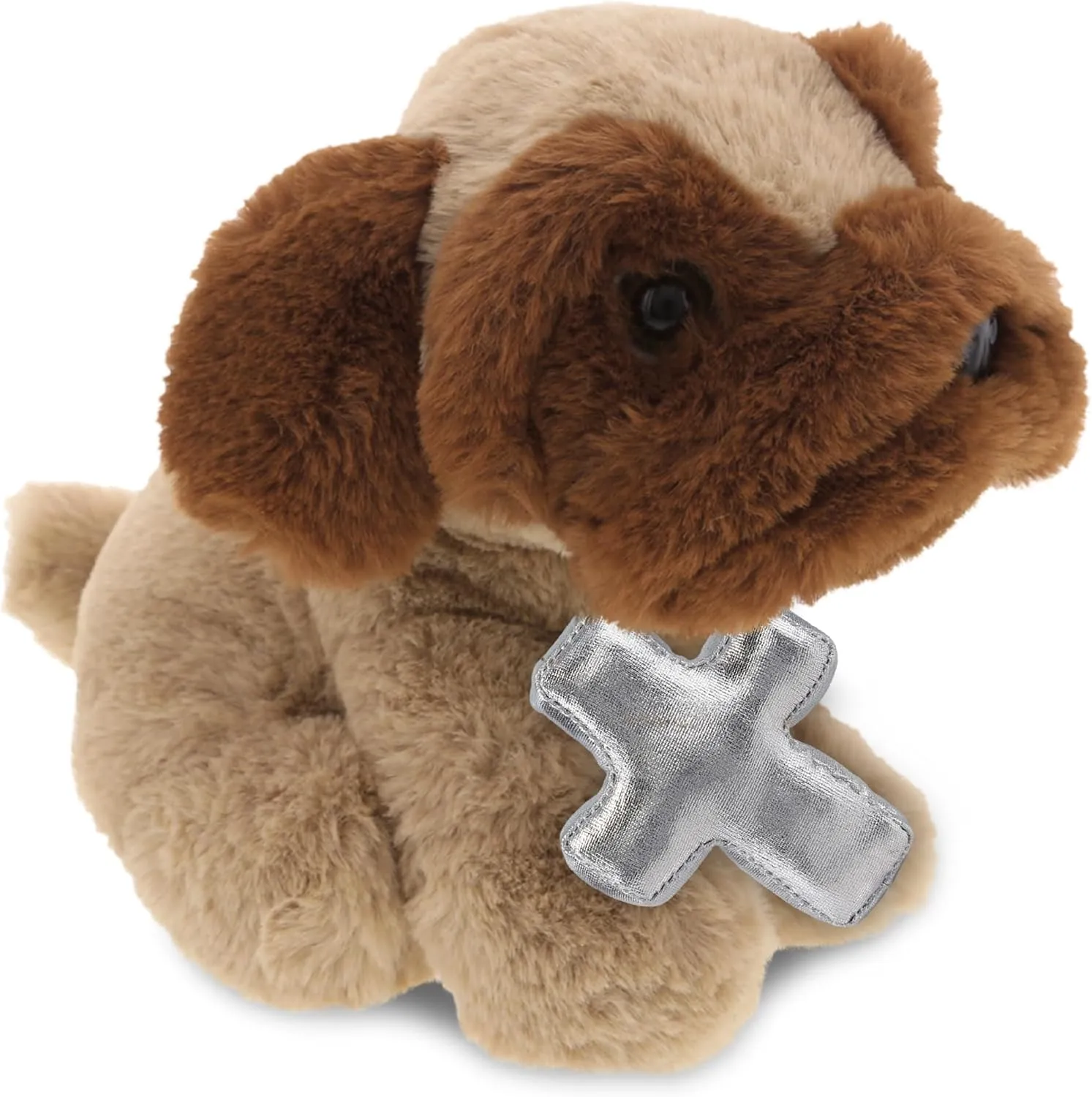 DolliBu Brown Pug Dog Stuffed Animal with Silver Cross Plush - Religious Baptism Gifts for Boys and Girls, Cute Dedication Christening Gifts Plush Prayer Toy - 8 Inches