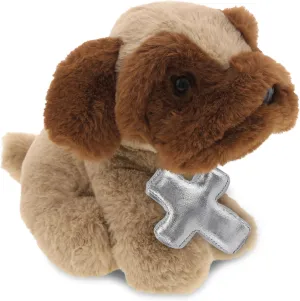 DolliBu Brown Pug Dog Stuffed Animal with Silver Cross Plush - Religious Baptism Gifts for Boys and Girls, Cute Dedication Christening Gifts Plush Prayer Toy - 8 Inches