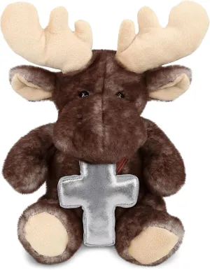 DolliBu Brownish Sitting Moose Stuffed Animal with Silver Cross Plush – Religious Baptism Gifts for Boys and Girls, Dedication Christening Gifts Plush Prayer Healing Stuffed Animal – 10 Inch