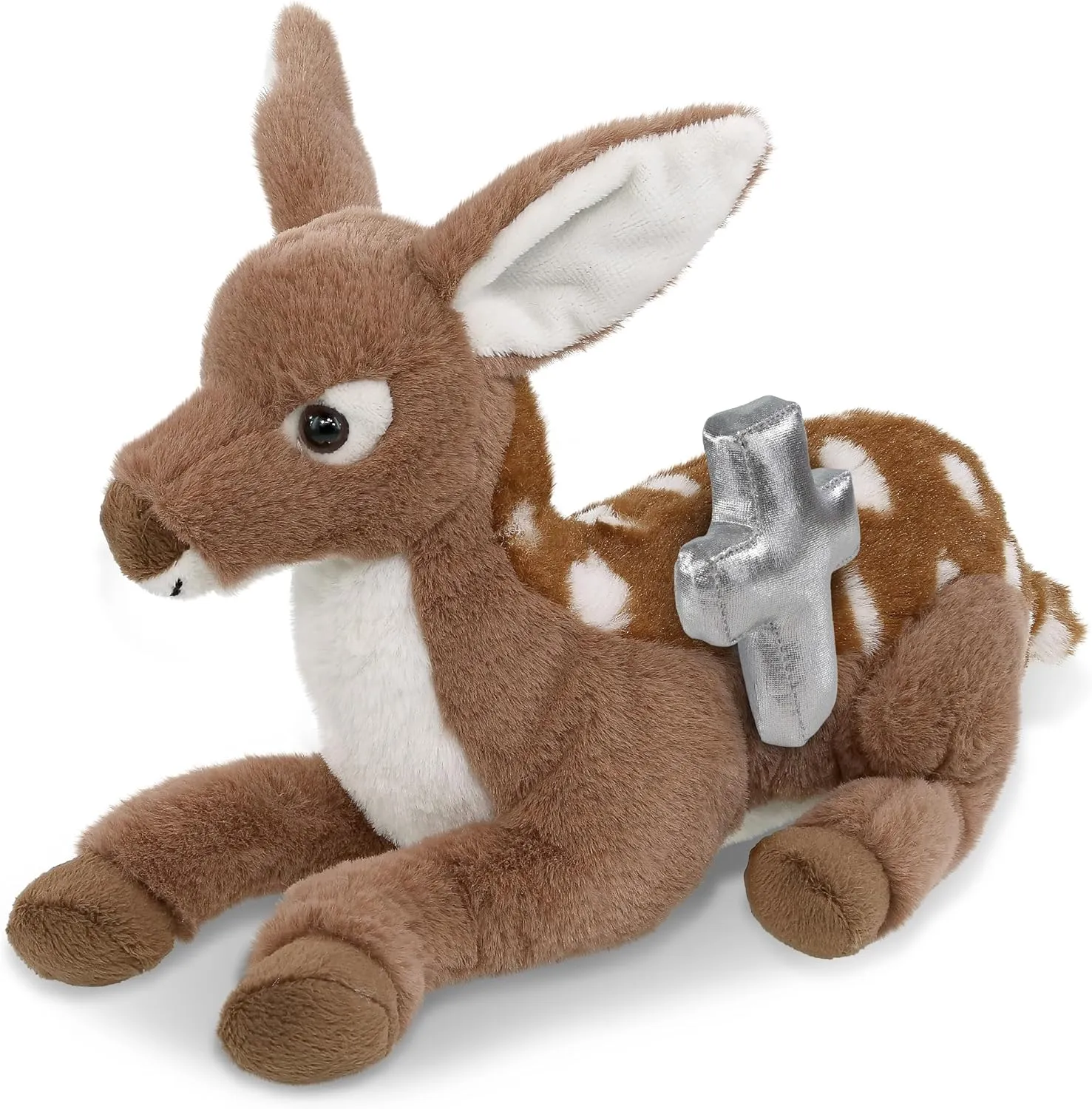 DolliBu Fawn Deer Stuffed Animal with Silver Cross and Personalization - Religious Baby Baptism Gifts for Boys and Girls, Dedication Christening Gifts Plush Prayer Toy Healing Teddy Bear - 10 Inches