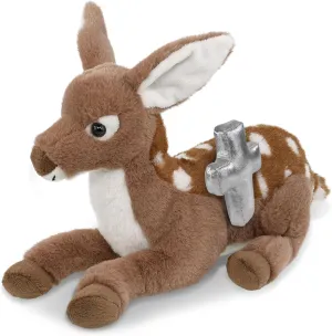 DolliBu Fawn Deer Stuffed Animal with Silver Cross and Personalization - Religious Baby Baptism Gifts for Boys and Girls, Dedication Christening Gifts Plush Prayer Toy Healing Teddy Bear - 10 Inches