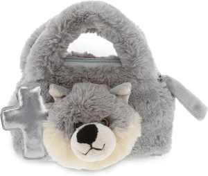DolliBu Gray Wolf Hand Bag Stuffed Animal with Silver Cross and Personalization - Baptism Gifts for Boys and Girls, Dedication Christening Gifts Plush Prayer Toy Healing Teddy Bear - 7.5 Inches