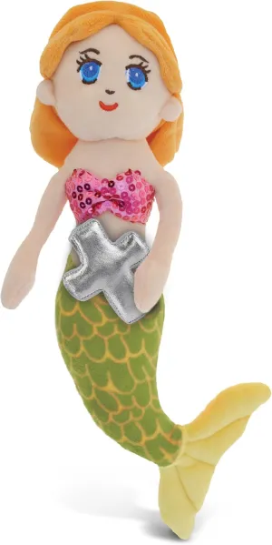DolliBu Green Mermaid Stuffed Animal with Silver Cross Plush - Religious Baptism Gifts for Boys and Girls, Cute Dedication Christening Gifts Plush Prayer Toy Healing Stuffed Animal - 14 Inches