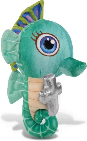 DolliBu Green Seahorse Stuffed Animal with Silver Cross and Personalization - Religious Seahorse Plush Baptism Gifts, Dedication Christening Gifts Plush Prayer Toy Healing Teddy Bear - 8.5 Inches