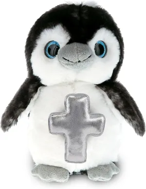 DolliBu Grey Penguin Stuffed Animal with Silver Cross and Personalization - Religious Baptism Gifts for Boys and Girls, Dedication Christening Gifts Plush Prayer Toy Healing Teddy Bear - 9 Inches
