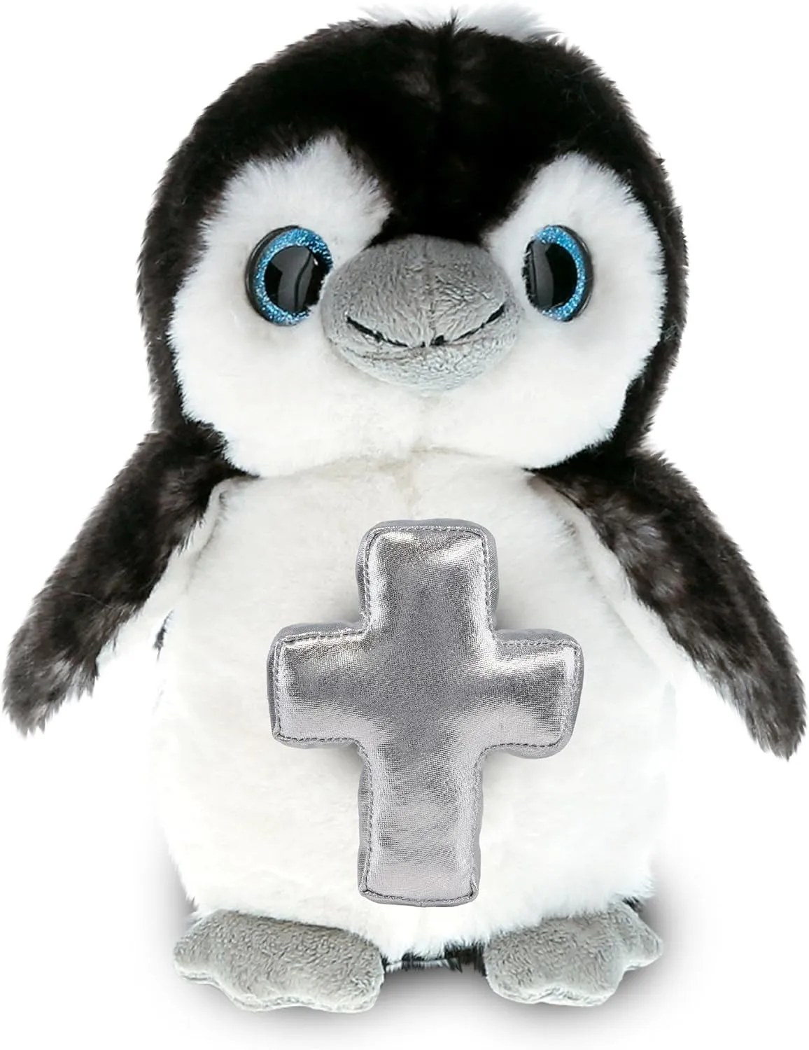 DolliBu Grey Penguin Stuffed Animal with Silver Cross and Personalization - Religious Baptism Gifts for Boys and Girls, Dedication Christening Gifts Plush Prayer Toy Healing Teddy Bear - 9 Inches