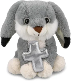 DolliBu Grey Rabbit Stuffed Animal with Silver Cross and Personalization - Religious Baptism Gifts for Boys and Girls, Dedication Christening Gifts Plush Prayer Toy Healing Teddy Bear - 7 Inches