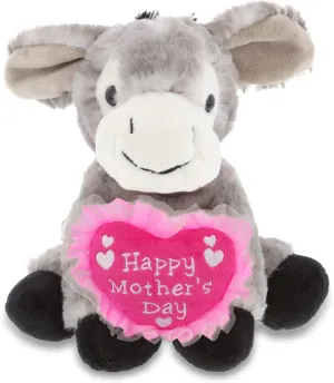 DolliBu Happy Mother's Day Super Soft Lying Grey Donkey Plush Figure - Cute Stuffed Animal with Pink Heart Message for Best Mommy, Grandma, Wife, Daughter - 9 Inches