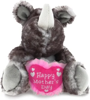 DolliBu Happy Mother's Day Super Soft Plush Sitting Brown Rhino Figure - Cute Stuffed Animal with Pink Heart Message for Best Mommy, Grandma, Wife, Daughter - 5.5" Inch