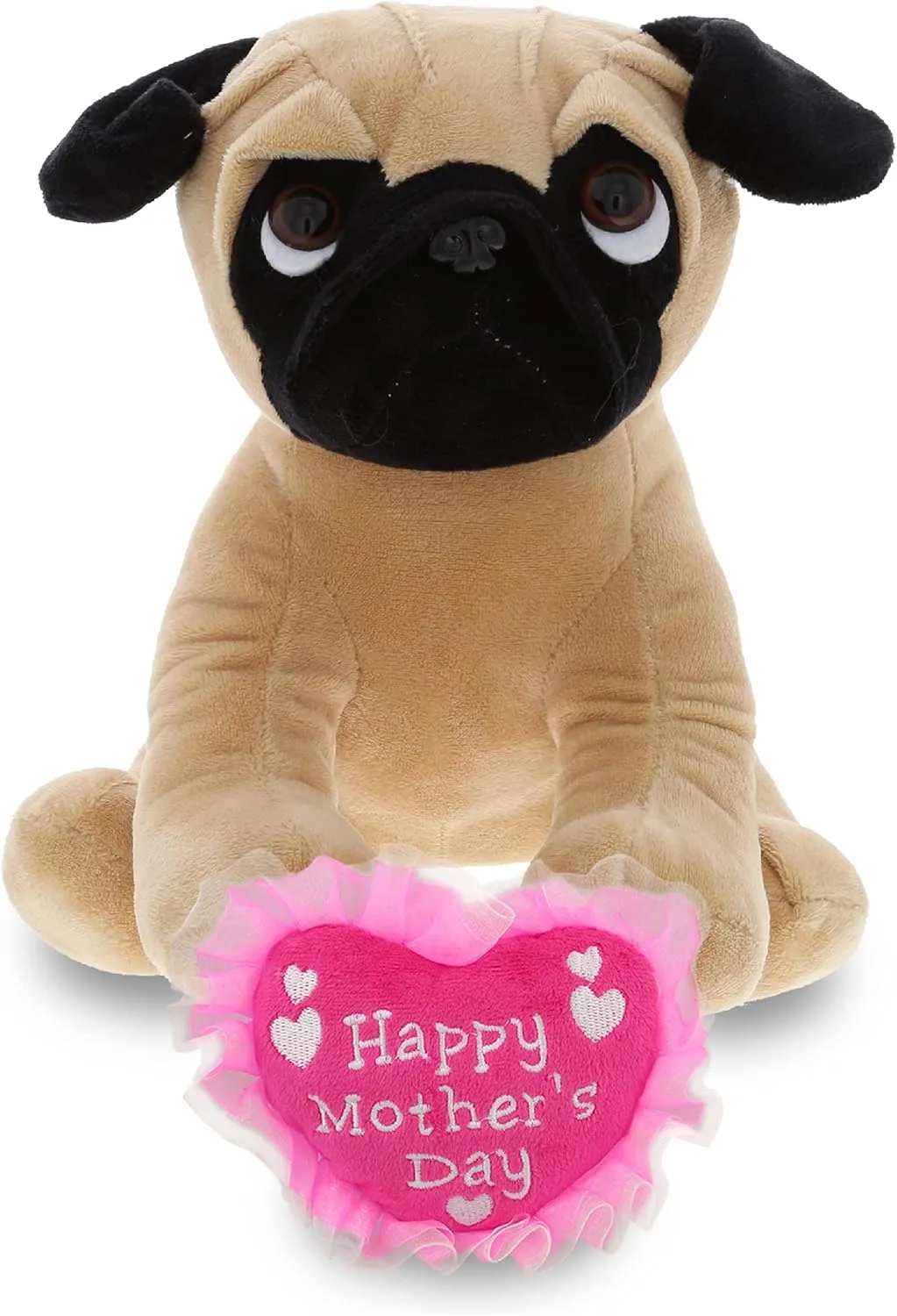 DolliBu Happy Mother's Day Super Soft Sitting Pug Dog Plush Figure - Cute Stuffed Animal with Pink Heart Message for Best Mommy, Grandma, Wife, Daughter - 10" Inches
