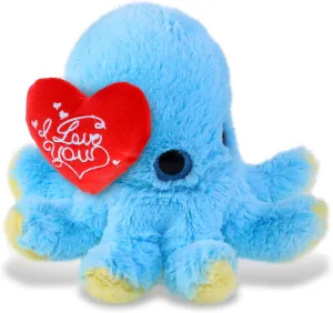 DolliBu I Love You Valentine Plush Big Eye Blue Octopus - Cute Stuffed Animal with Red Heart and Name Personalization Gift for Valentines Day, Birthday, Anniversary, Romantic Date - 8.5 Inches