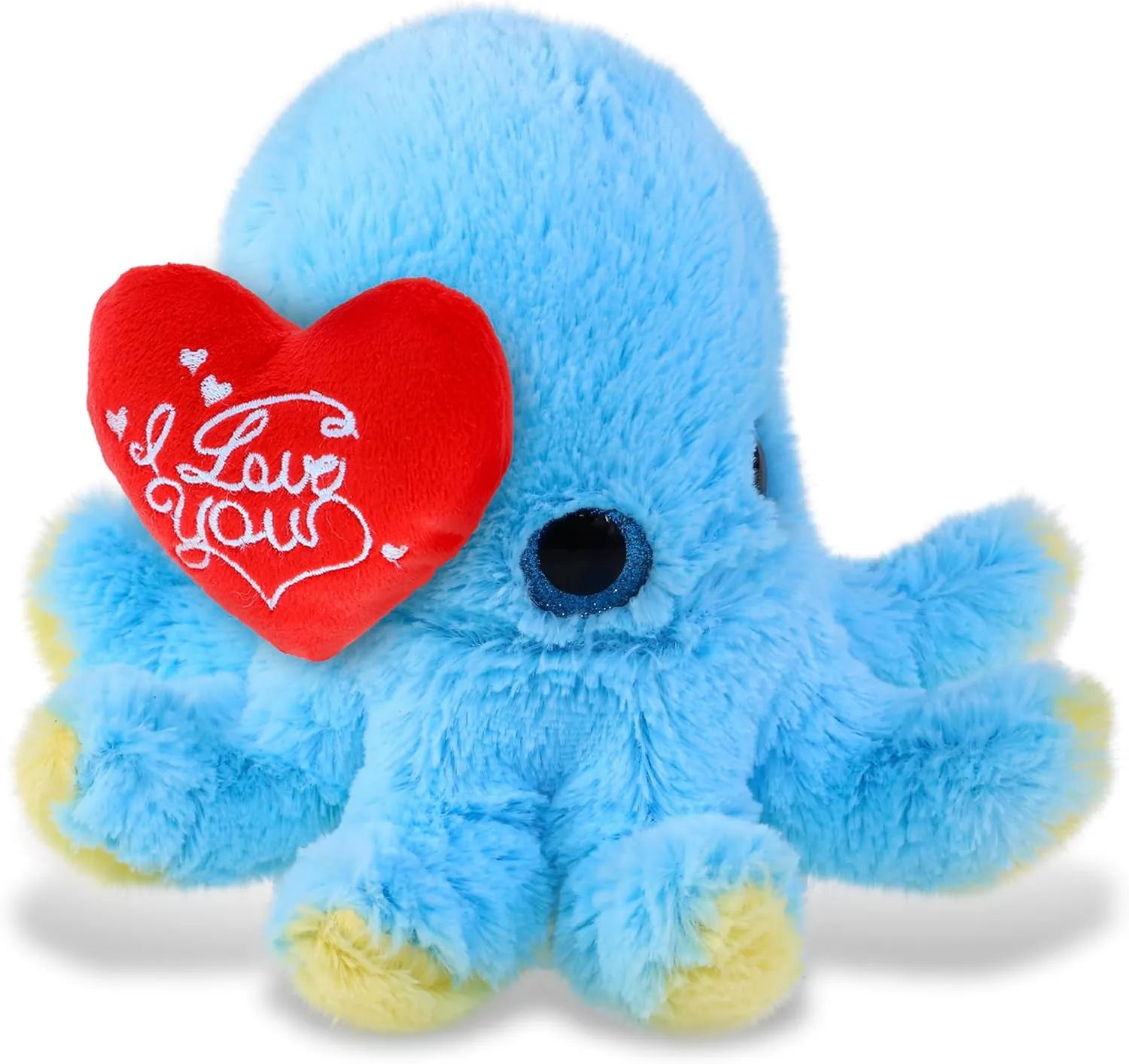 DolliBu I Love You Valentine Plush Big Eye Blue Octopus - Cute Stuffed Animal with Red Heart and Name Personalization Gift for Valentines Day, Birthday, Anniversary, Romantic Date - 8.5 Inches
