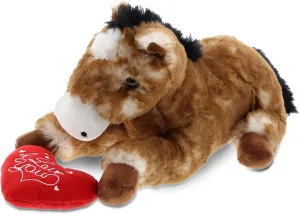 DolliBu I Love You Valentine Plush Lying Brown Horse - Cute Soft Cuddly Stuffed Animal with Red Heart Gift for Valentines Day, Birthday Present, Anniversary, Romantic Date - 10.5 Inches