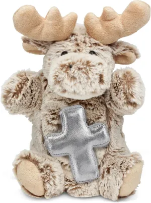 DolliBu Moose Hand Puppet Stuffed Animal with Silver Cross and Personalization - Religious Baptism Gifts for Boys and Girls, Dedication Christening Gifts Plush Prayer Toy Healing Teddy Bear - 10 Inch