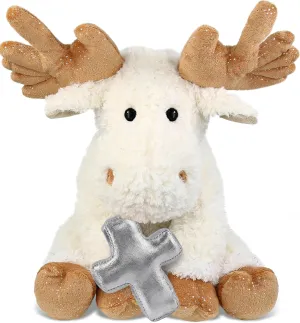 DolliBu Moose Stuffed Animal with Silver Cross and Personalization - Religious Baby Baptism Gifts for Boys and Girls, Dedication Christening Gifts Plush Prayer Toy Healing Teddy Bear - 10.5 Inches