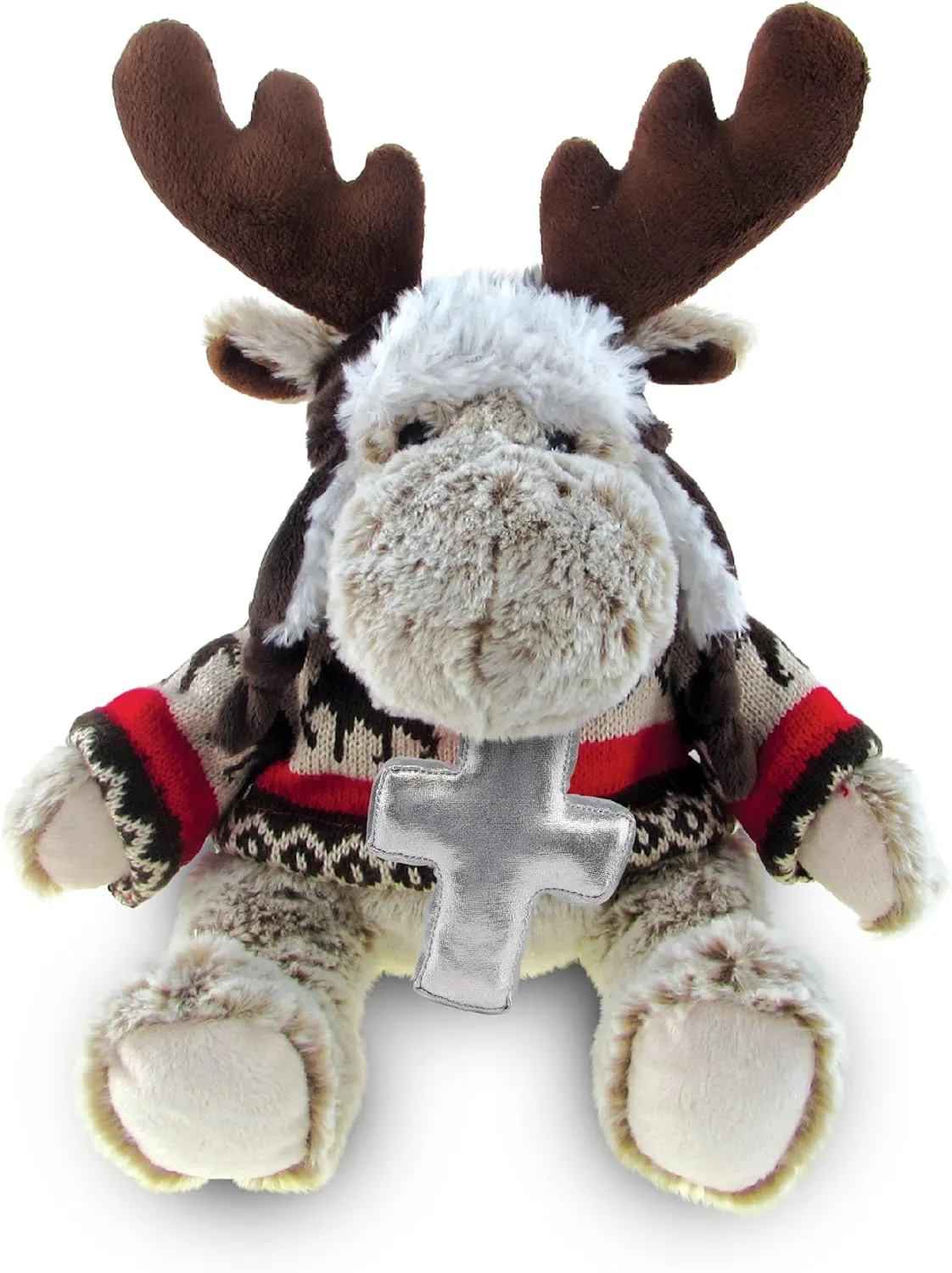 DolliBu Moose Stuffed Animal with Silver Cross and Personalization - Religious Baptism Gifts for Boys and Girls, Dedication Christening Gifts Plush Prayer Toy Healing Teddy Bear - 9 Inches