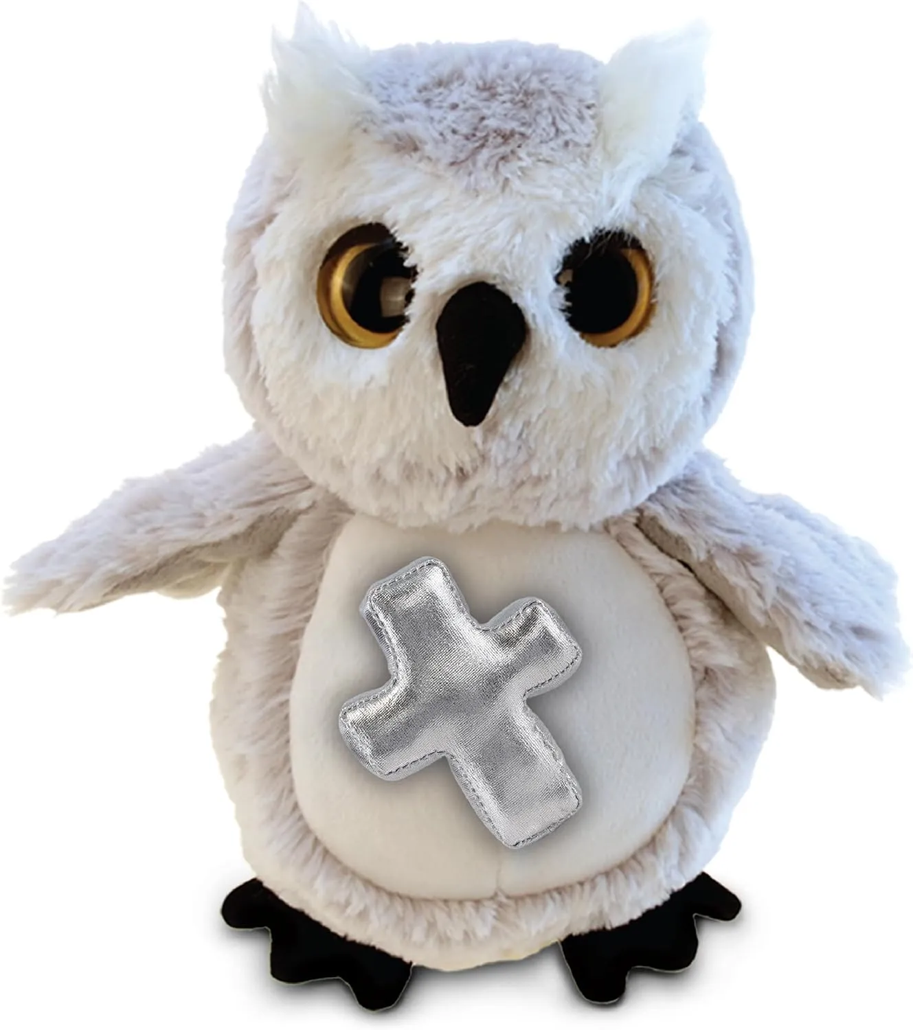 DolliBu Owl Bird Stuffed Animal with Silver Cross Plush - Religious Baptism Gifts for Boys and Girls, Cute Dedication Christening Gifts Plush Prayer Toy Healing Stuffed Animal - 8.5 Inches