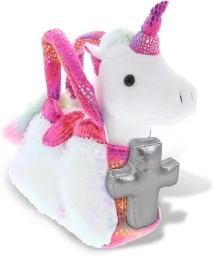 DolliBu Pink Unicorn Plush Purse Stuffed Animal with Silver Cross Plush - Religious Baptism Gifts for Boys and Girls, Christening Gifts Plush Prayer Toy Healing Stuffed Animal- 9 Inches