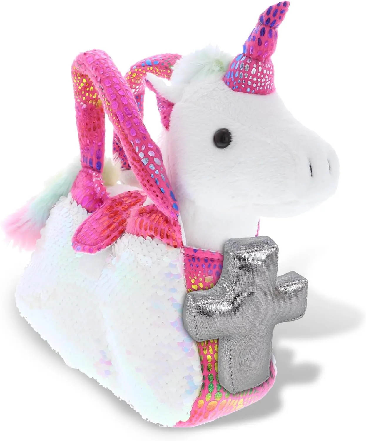 DolliBu Pink Unicorn Plush Purse Stuffed Animal with Silver Cross Plush - Religious Baptism Gifts for Boys and Girls, Christening Gifts Plush Prayer Toy Healing Stuffed Animal- 9 Inches