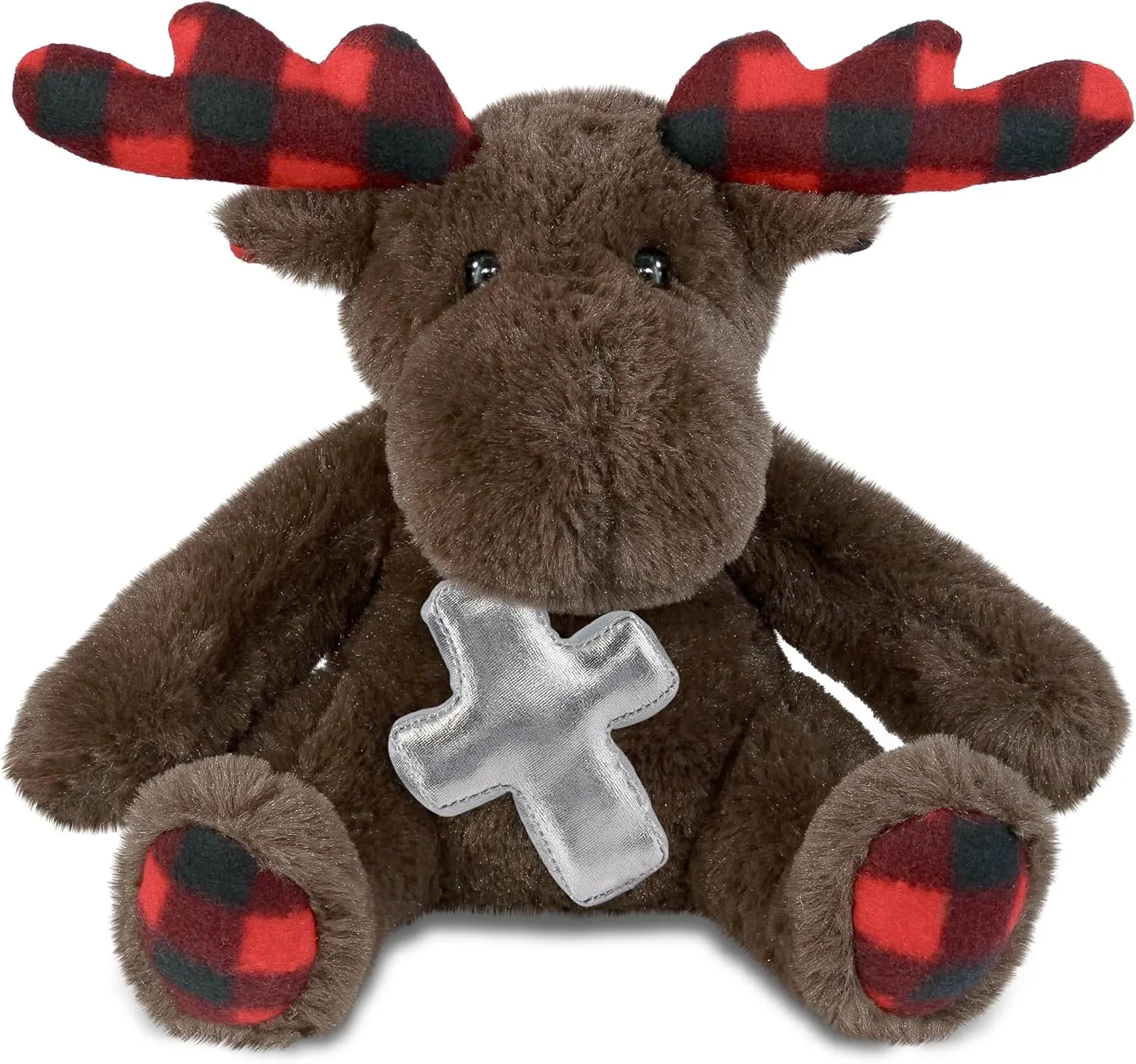 DolliBu Plaid Brown Moose Stuffed Animal with Silver Cross and Personalization - Baby Baptism Gifts for Boys and Girls, Dedication Christening Gifts Plush Prayer Toy Healing Teddy Bear - 10 Inches