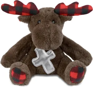 DolliBu Plaid Brown Moose Stuffed Animal with Silver Cross and Personalization - Baby Baptism Gifts for Boys and Girls, Dedication Christening Gifts Plush Prayer Toy Healing Teddy Bear - 10 Inches