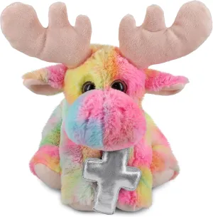 DolliBu Rainbow Floppy Moose Stuffed Animal with Silver Cross and Personalization - Religious Baptism Gifts for Boys, Girls, Dedication Christening Gifts Plush Prayer Toy Healing Teddy - 9 Inches