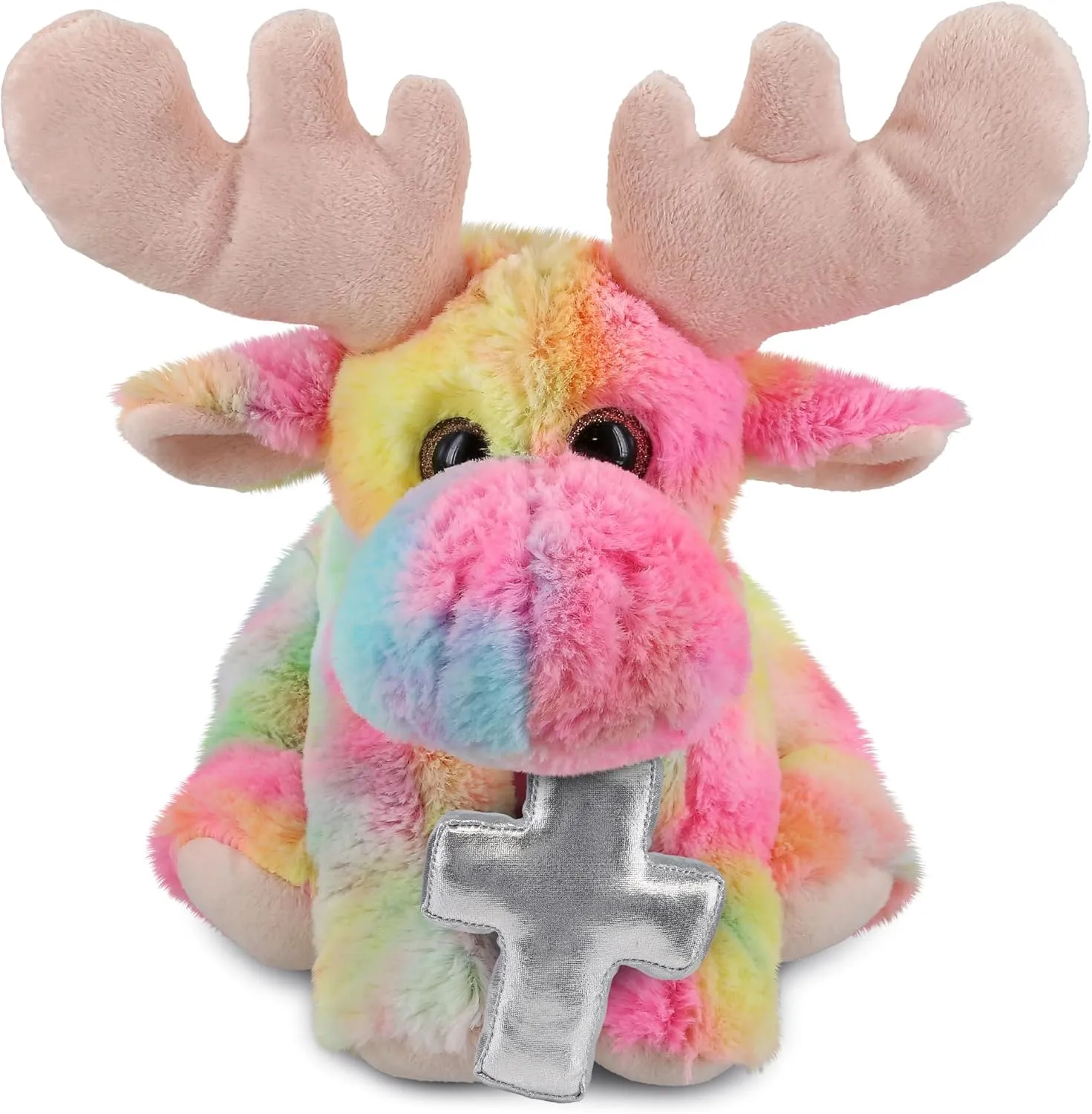 DolliBu Rainbow Floppy Moose Stuffed Animal with Silver Cross and Personalization - Religious Baptism Gifts for Boys, Girls, Dedication Christening Gifts Plush Prayer Toy Healing Teddy - 9 Inches