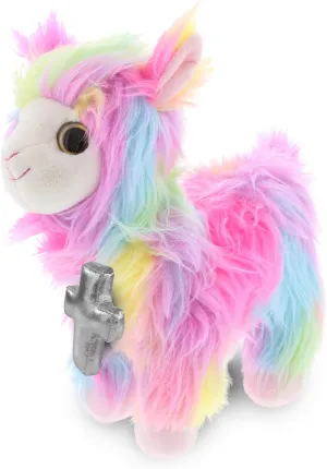 DolliBu Rainbow Llama Stuffed Animal with Silver Cross and Personalization - Religious Baptism Gift for Boys and Girls, Dedication Christening Gifts Plush Prayer Toy Healing Teddy Bear - 10 Inch