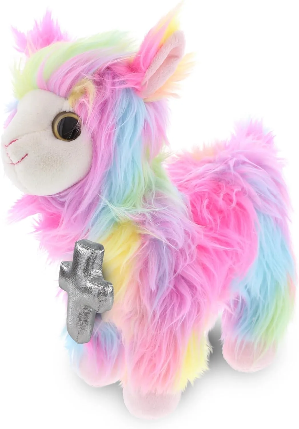 DolliBu Rainbow Llama Stuffed Animal with Silver Cross and Personalization - Religious Baptism Gift for Boys and Girls, Dedication Christening Gifts Plush Prayer Toy Healing Teddy Bear - 10 Inch