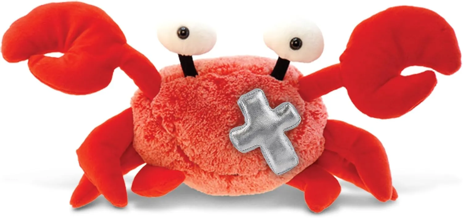 DolliBu Red Crab Stuffed Animal with Silver Cross Plush - Religious Baptism Gifts for Boys and Girls, Cute Dedication Christening Gifts Plush Prayer Toy Healing Teddy Bear - 12 Inches
