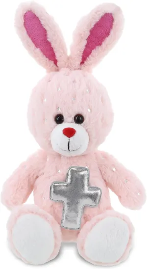 DolliBu Rose Gold Bunny Stuffed Animal with Silver Cross and Personalization - Religious Baptism Gifts for Boys, Girls Dedication Christening Gifts Plush Prayer Toy Healing Teddy Bear - 8 Inches