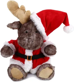 DolliBu Santa Brownish Sitting Moose Stuffed Animal Plush Toy - Soft Plush Dress Up with Red Santa Claus Outfit, Cute Wildlife Gift, Perfect Holiday with Name Personalization, 10 Inch