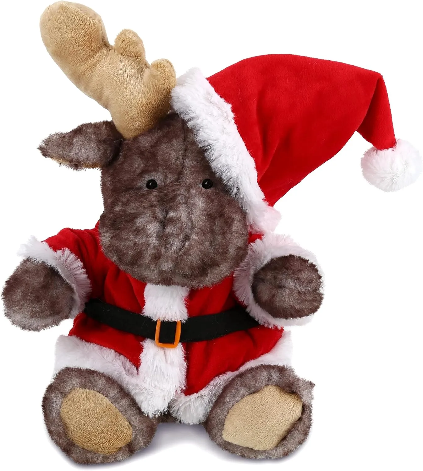 DolliBu Santa Brownish Sitting Moose Stuffed Animal Plush Toy - Soft Plush Dress Up with Red Santa Claus Outfit, Cute Wildlife Gift, Perfect Holiday with Name Personalization, 10 Inch