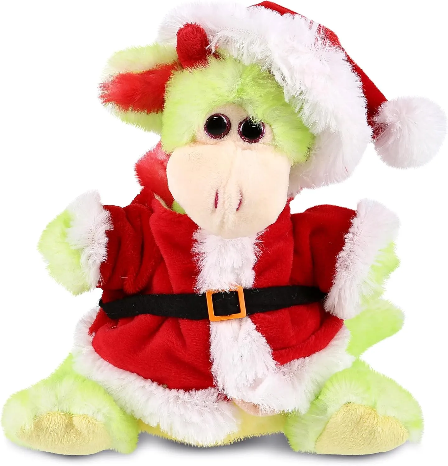 DolliBu Santa Dragon Stuffed Animal Plush Toy - Super Soft Green Dragon Dress Up with Red Santa Claus Outfit, Cute Dragon Gift, Perfect Holiday with Name Personalization - 8 Inches