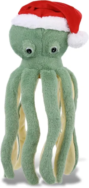 DolliBu Santa Green Octopus Stuffed Animal Plush Toy - Super Soft Sea Animal Dress Up with Red Santa Claus Hat, Cute Ocean Gift, Perfect Holiday with Name Personalization - 15 Inches