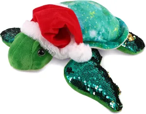 DolliBu Santa Sea Turtle Stuffed Animal Plush Toy - Space Sequin Plush Turtle Animal Dress Up with Red Santa Claus Hat, with Name Personalization - 12.5 Inch