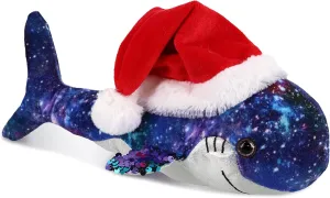 DolliBu Santa Shark Stuffed Animal Plush Toy - Space Sequin Plush Shark Animal Dress Up with Red Santa Claus Hat, Cute Ocean Life Gift, Perfect with Name Personalization - 12 Inches