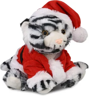 DolliBu Santa Squat White Tiger Stuffed Animal Plush Toy - Super Soft Animal Dress Up with Red Santa Claus Outfit, Cute Wildlife Gift, Holiday with Name Personalization - 8 Inch