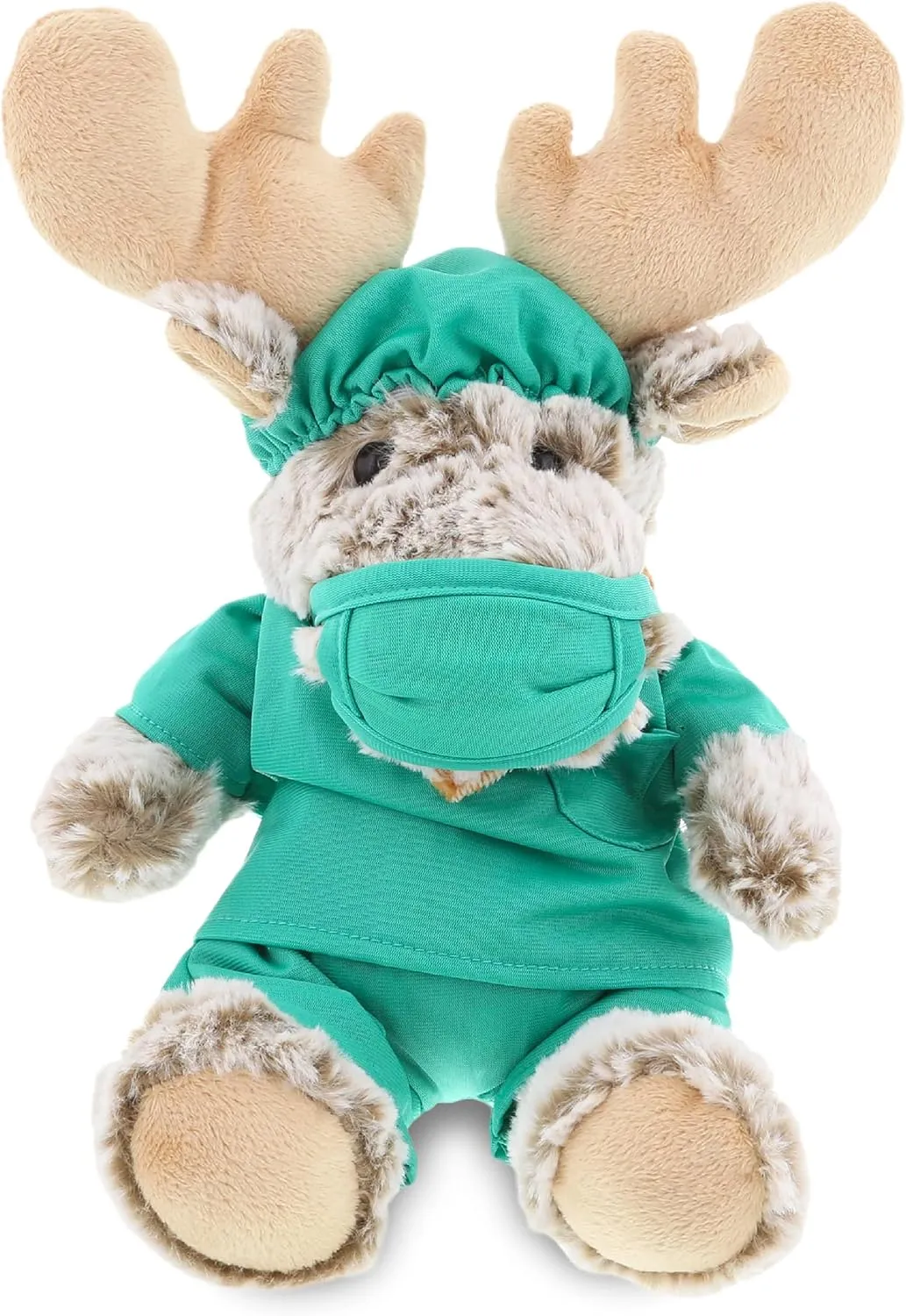 DolliBu Sitting Moose Doctor Plush Toy - Super Soft Stuffed Animal Dress Up with Cute Scrub Uniform & Cap Outfit - Fluffy Doctor Plush Gift with Personalization - 11" Inches