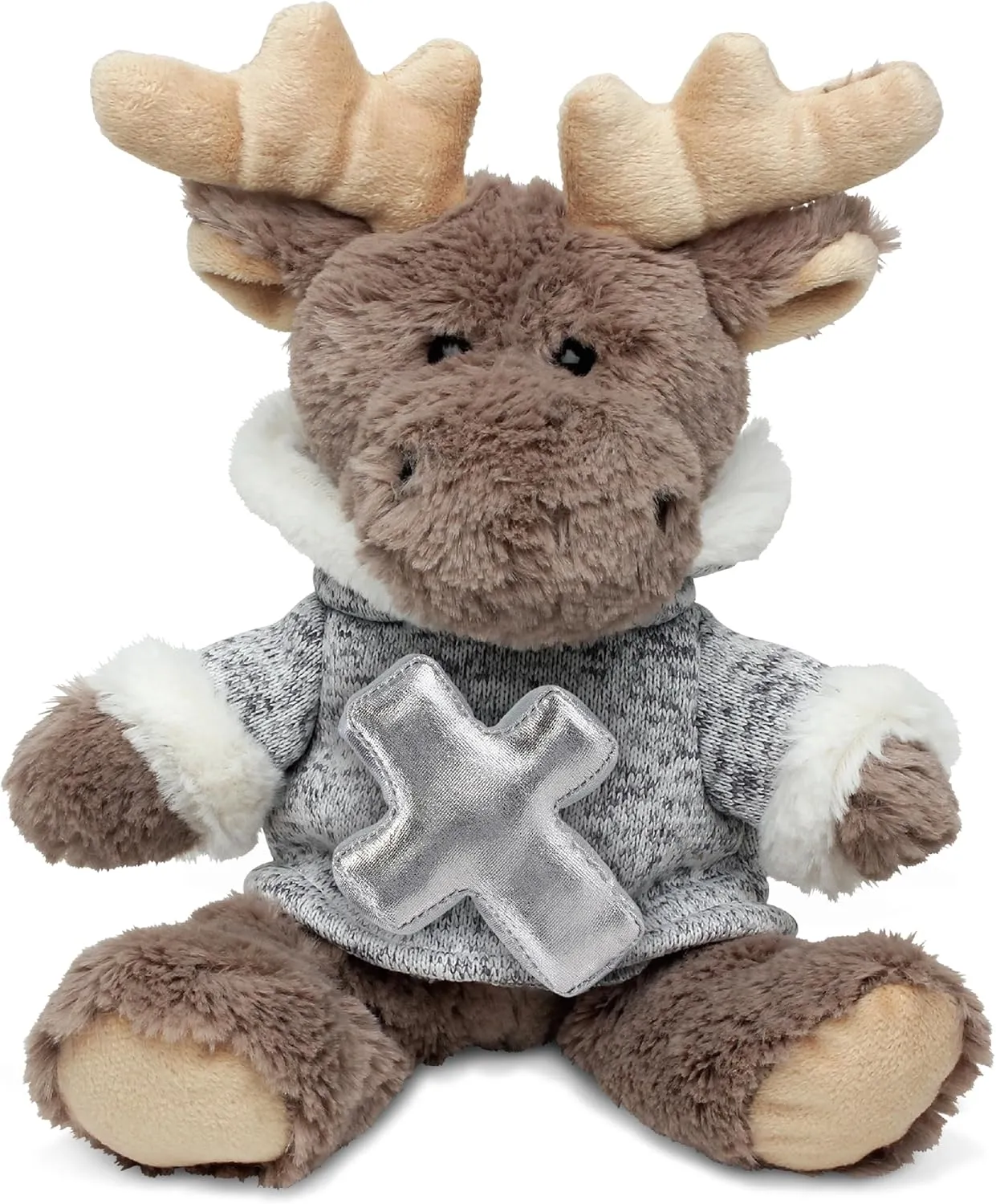 DolliBu Sitting Moose Grey Hooded Sweater Stuffed Animal with Silver Cross Plush - Religious Baptism Gifts for Boys and Girls, Dedication Christening Gifts Plush Prayer Toy, 8 Inches