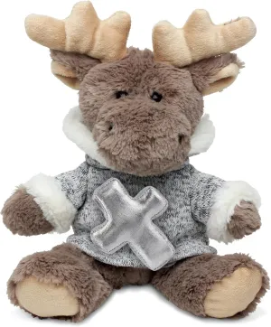 DolliBu Sitting Moose Grey Hooded Sweater Stuffed Animal with Silver Cross Plush - Religious Baptism Gifts for Boys and Girls, Dedication Christening Gifts Plush Prayer Toy, 8 Inches