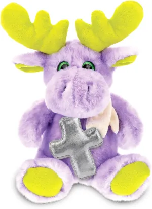 DolliBu Sitting Purple Moose with Scarf Stuffed Animal with Silver Cross and Personalization - Religious Baptism Gifts for Boys and Girls, Dedication Christening Gifts Plush Prayer Toy - 12 Inch