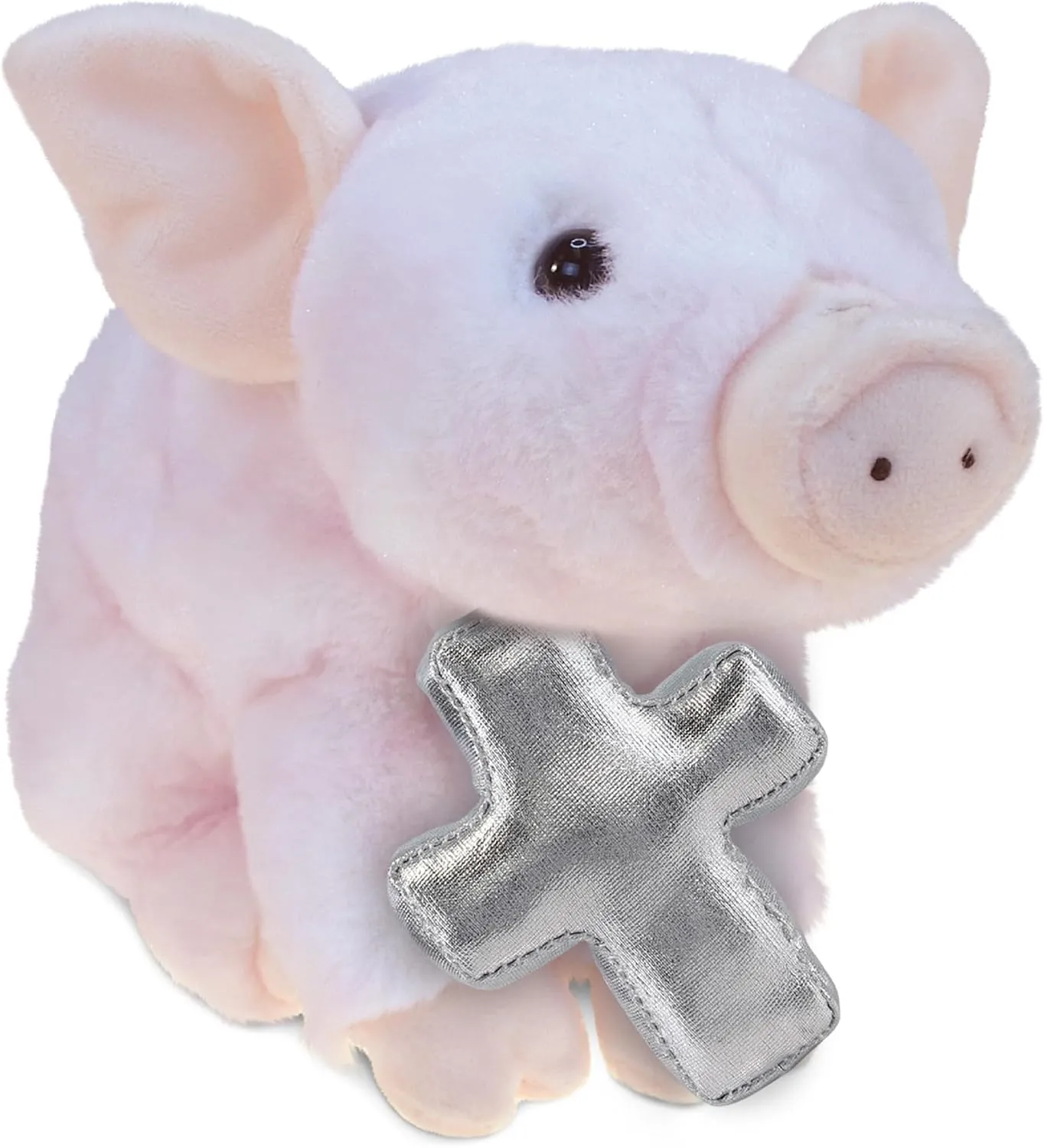 DolliBu Squat Piggy Stuffed Animal with Silver Cross Plush – Religious Baptism Gifts for Boys and Girls, Dedication Christening Gifts Plush Prayer Toy Healing Stuffed Animal - 7 Inches