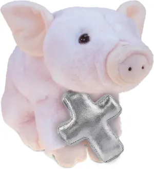 DolliBu Squat Piggy Stuffed Animal with Silver Cross Plush – Religious Baptism Gifts for Boys and Girls, Dedication Christening Gifts Plush Prayer Toy Healing Stuffed Animal - 7 Inches