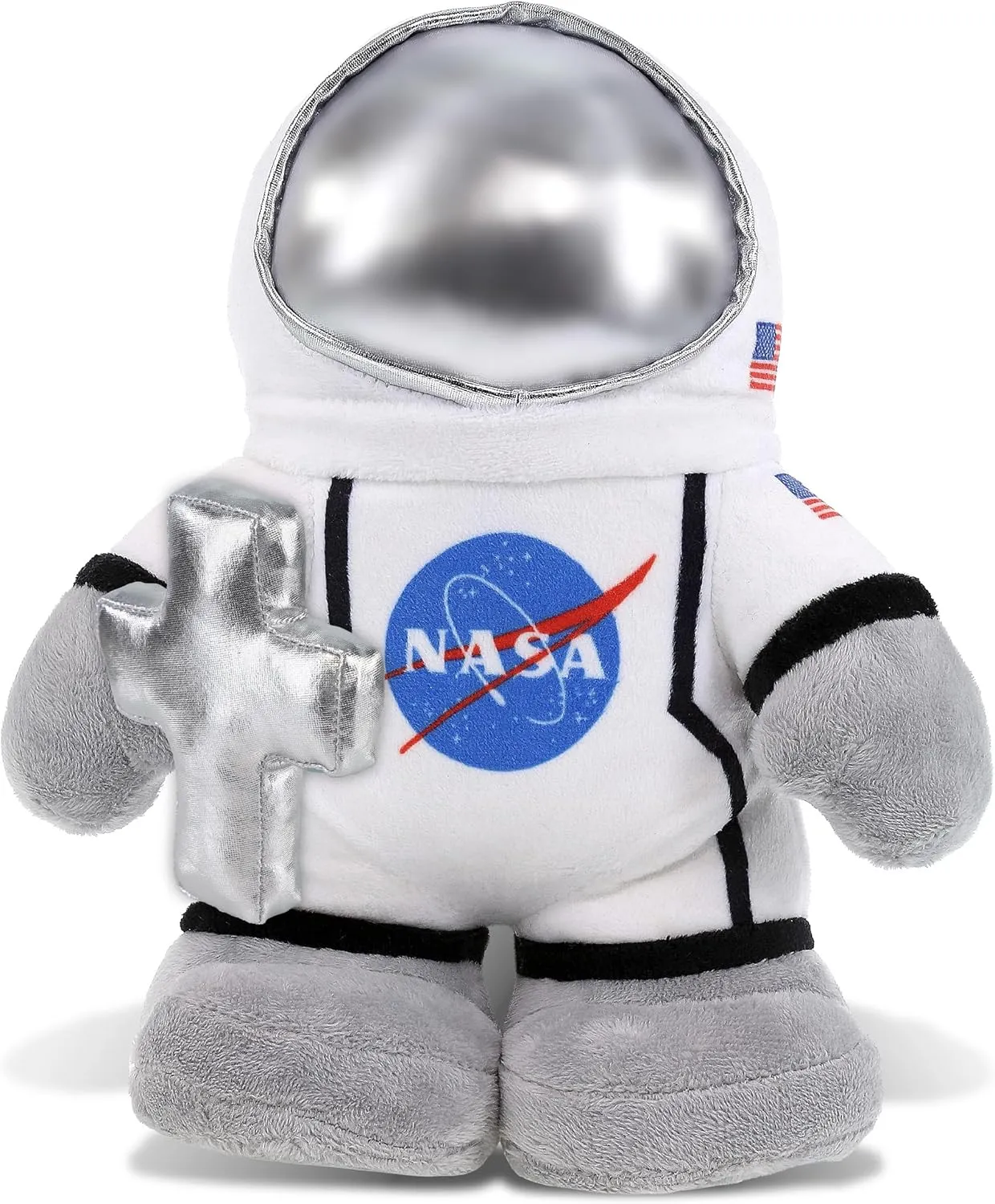 DolliBu Standing Astronaut Stuffed Toy with Silver Cross and Personalization - Religious Baptism Gifts for Boys and Girls, Dedication Christening Gifts Plush Prayer Toy Healing Teddy Bear - 9 Inch