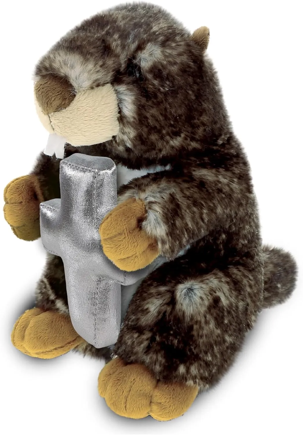 DolliBu Standing Marmot Stuffed Animal with Silver Cross and Personalization - Religious Baptism Gifts for Boys and Girls, Dedication Christening Plush Prayer Toy Healing Teddy Bear - 8.5 Inches
