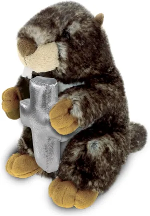DolliBu Standing Marmot Stuffed Animal with Silver Cross and Personalization - Religious Baptism Gifts for Boys and Girls, Dedication Christening Plush Prayer Toy Healing Teddy Bear - 8.5 Inches