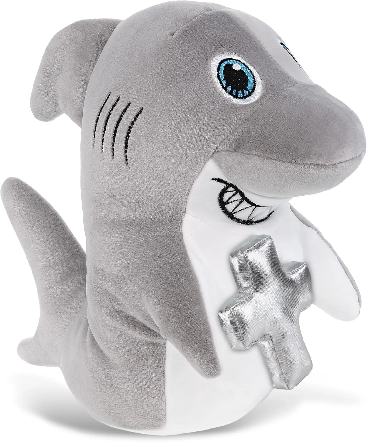 DolliBu Standing Shark Stuffed Animal with Silver Cross and Personalization - Shark Plush Baptism Gifts for Boys and Girls, Dedication Christening Gifts Plush Prayer Toy Healing Teddy Bear - 11 Inch