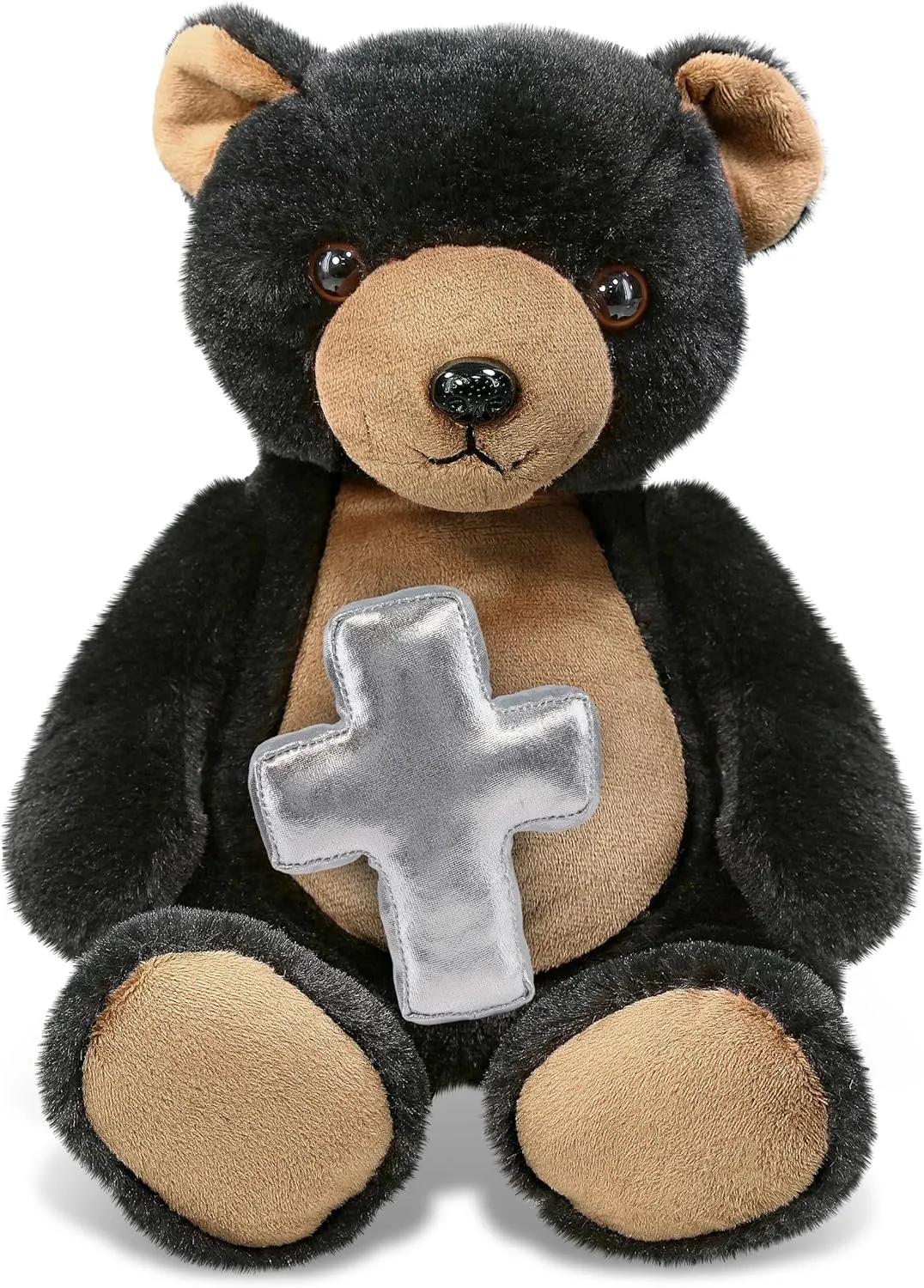 DolliBu Super Soft Black Bear Stuffed Animal with Silver Cross and Personalization - Religious Baptism Gifts for Boys and Girls, Dedication Christening Gifts Plush Prayer Toy Teddy - 9 Inches