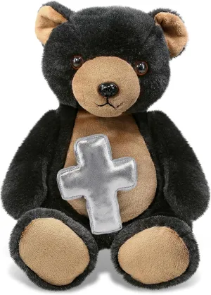 DolliBu Super Soft Black Bear Stuffed Animal with Silver Cross and Personalization - Religious Baptism Gifts for Boys and Girls, Dedication Christening Gifts Plush Prayer Toy Teddy - 9 Inches